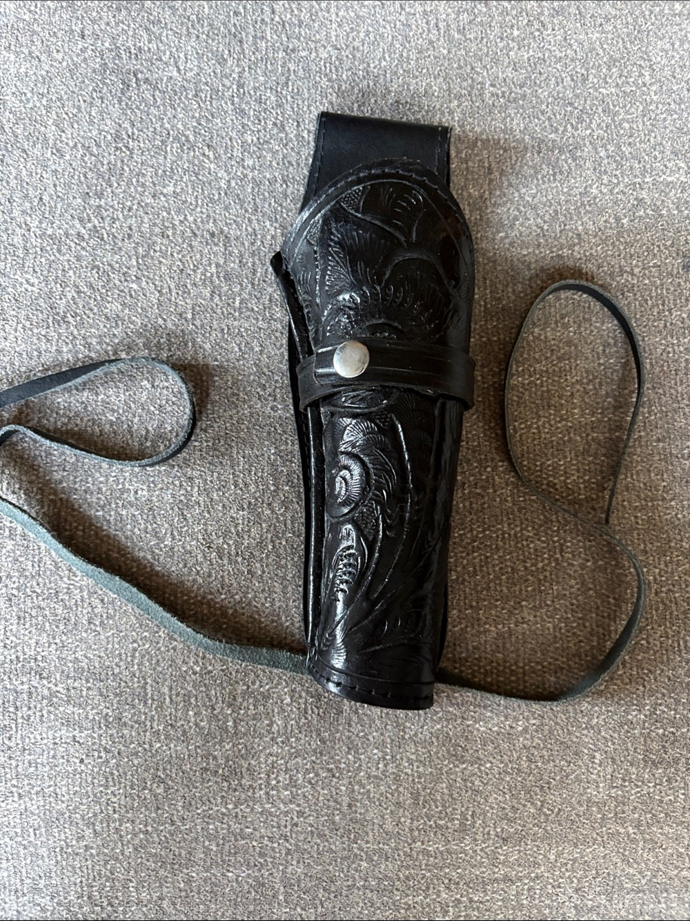 Belt Pistol Gun Holster Black Tooled Leather Sheath with Leg Strap Mexico EUC